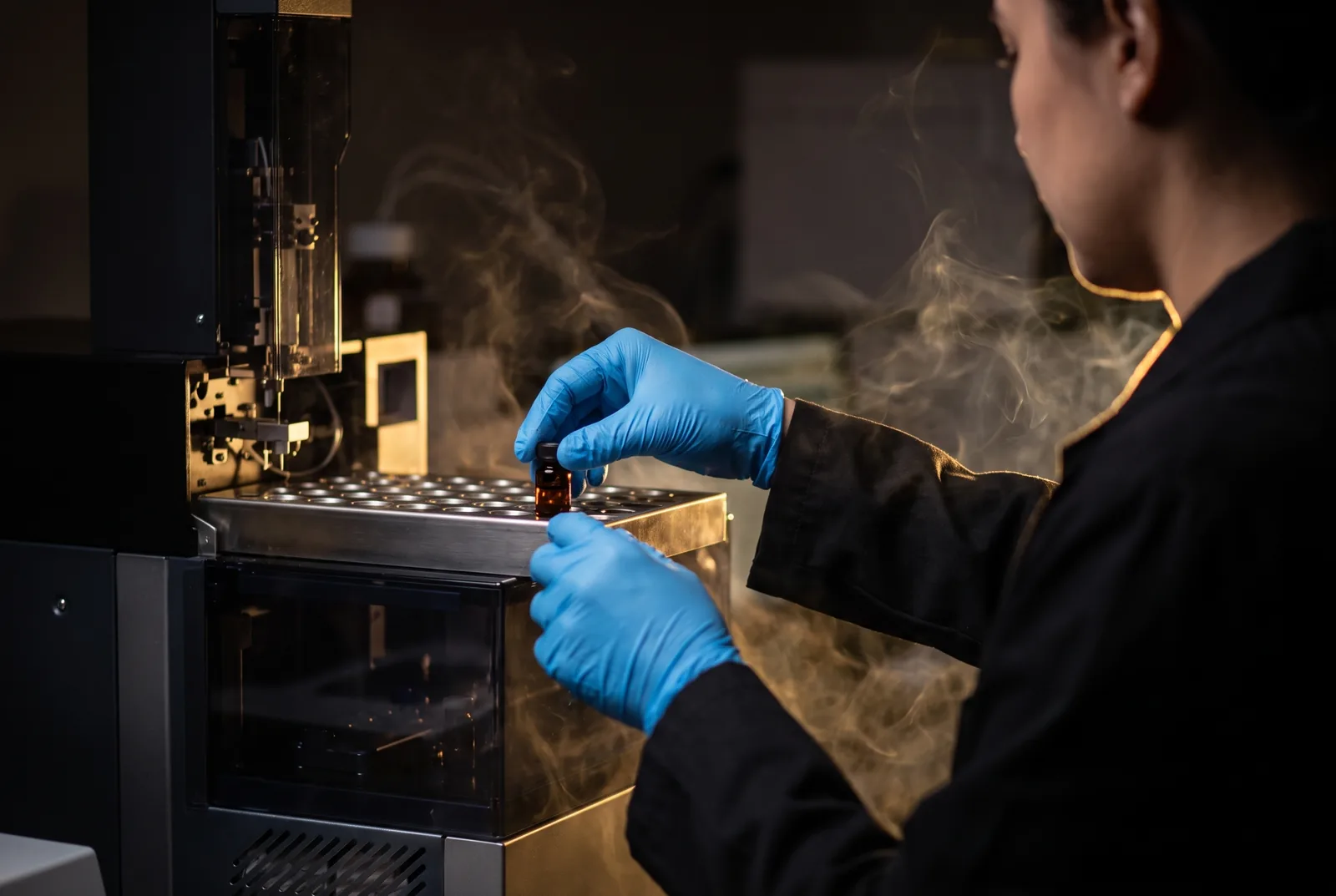 A technician loads a sample vial into the HPLC autosampler at the lab.